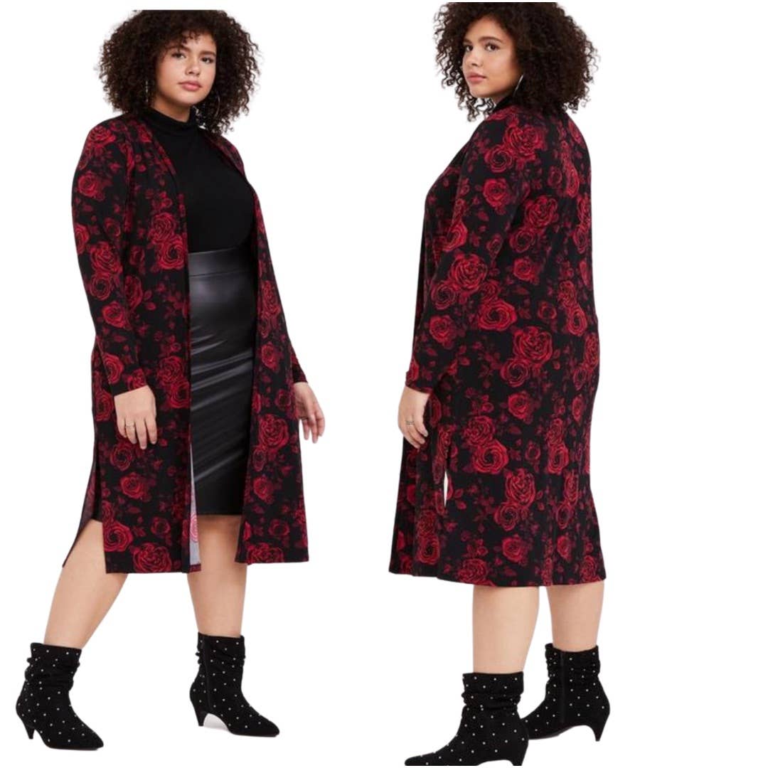 Torrid Maxi Duster Cardigan Kimono Womens 2x Black Red Floral Roses Long Sleeve